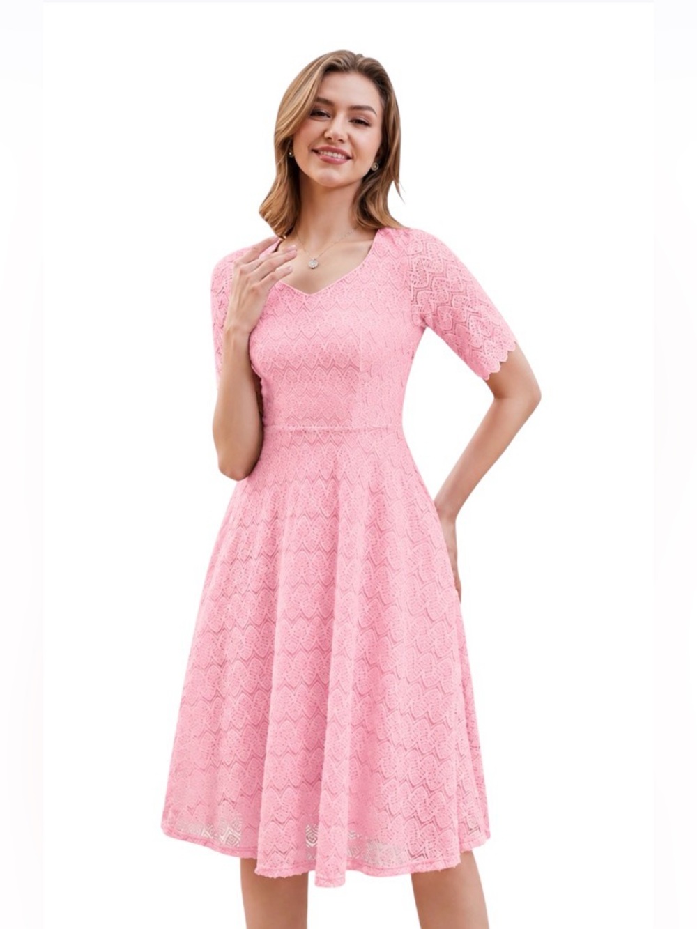 A. Dressystar Elegant PINK Lace A-Line V-neck Dress Short Sleeve Cocktail NEW